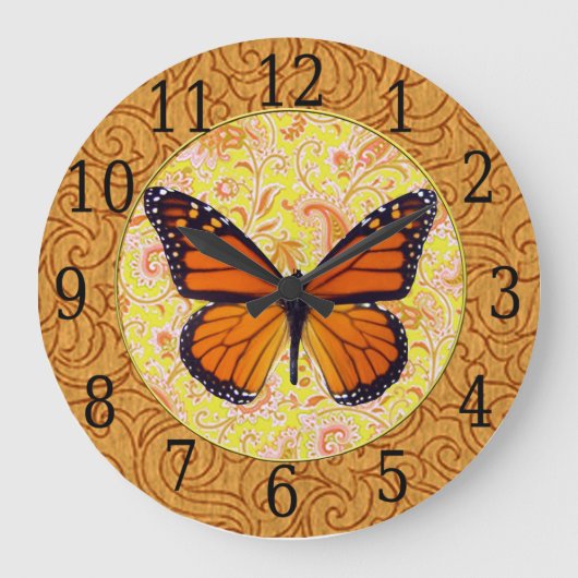 Monarch Butterfly op Paisley Clock Grote Klok (Voorkant)