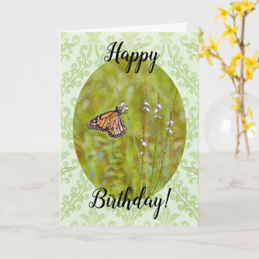 Monarch Butterfly op Pattern Birthday Kaart (Gele Bloem)