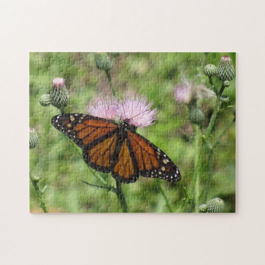 Monarch Butterfly op roze Thistle Jigzaag Puzzle Legpuzzel (Horizontaal)