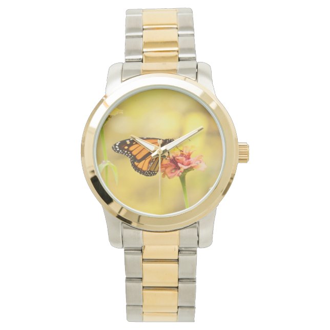 Monarch Butterfly op Zinnia Horloge (Voorkant)
