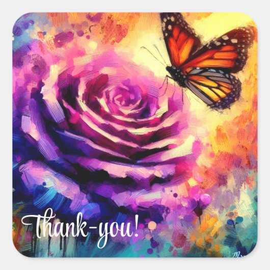 Monarch Butterfly Paarse Roos Sunset Floral Vierkante Sticker (Voorkant)