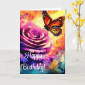 Monarch Butterfly Paarse Roos Sunset Verjaardag Ka Kaart (Gele Bloem)