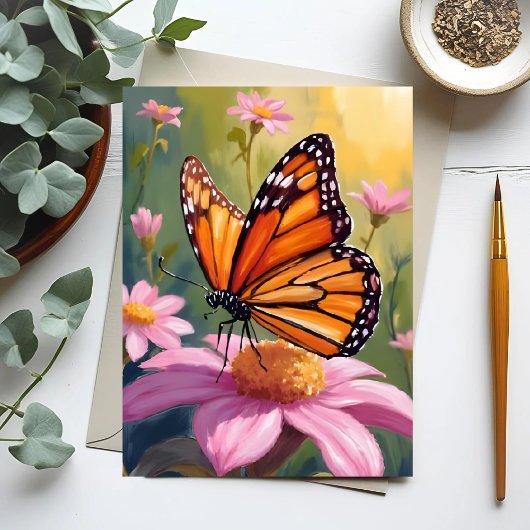 Monarch Butterfly Pink Flower Floral Painting Briefkaart