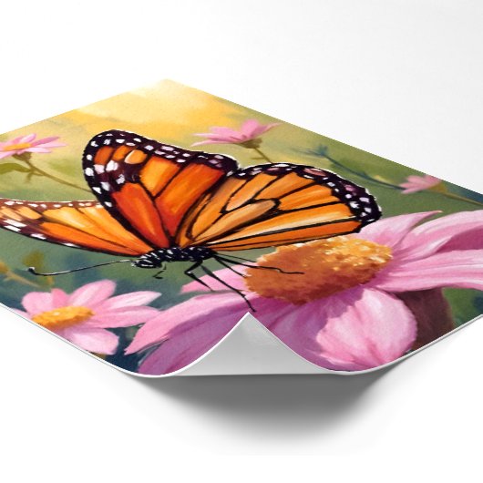 Monarch Butterfly Pink Flower Floral Painting Poster (Hoek)