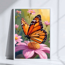 Monarch Butterfly Pink Flower Floral Painting Poster