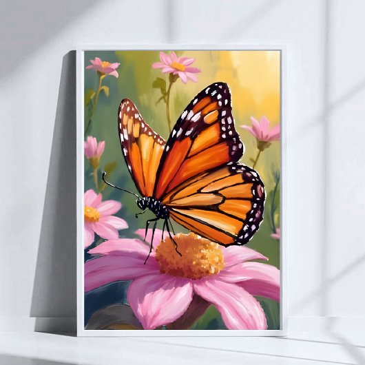 Monarch Butterfly Pink Flower Floral Painting Poster