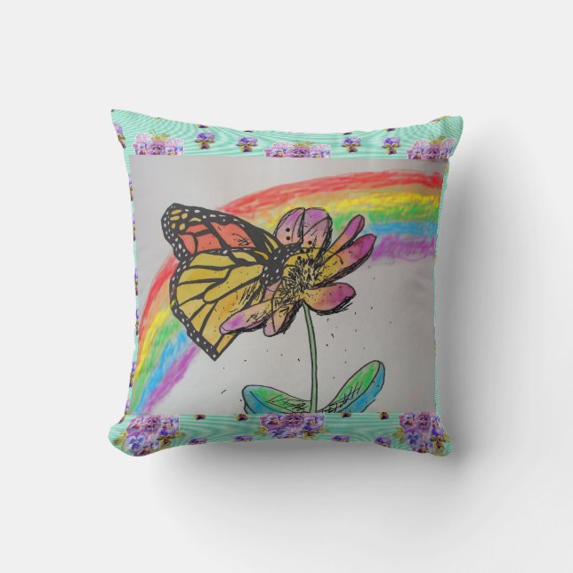 Monarch Butterfly Rainbow Painting Aqua Kussen (Voorkant)