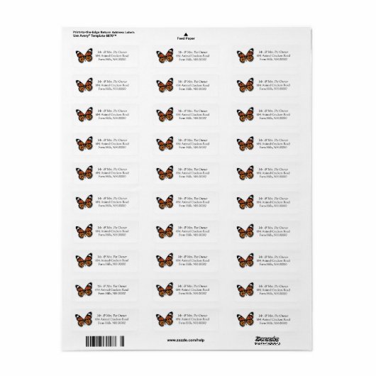 Monarch Butterfly Return Address Labkers Etiket (Full Sheet)