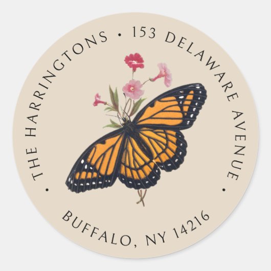 Monarch Butterfly Soft Tan Retour Adres Ronde Sticker (Voorkant)