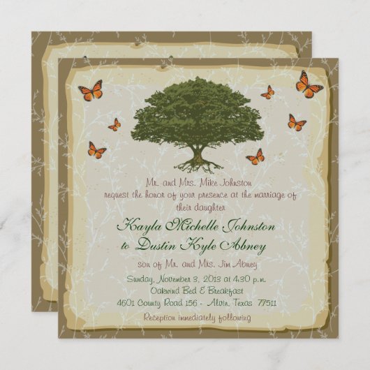 Monarch en eikenboom Rustic Wedding Invitations Kaart (Voorkant / Achterkant)