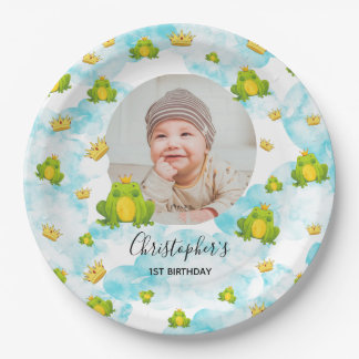 Monarch Frog Baby Foto Blauwe Waterverf Papieren Bordje