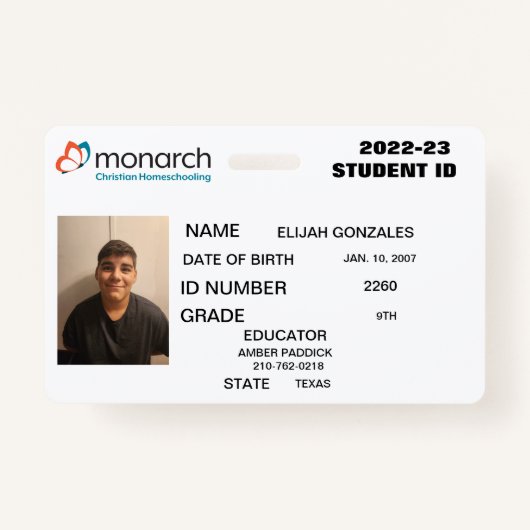 MONARCH HOMESCHOOL ID  BADGE (Voorkant)