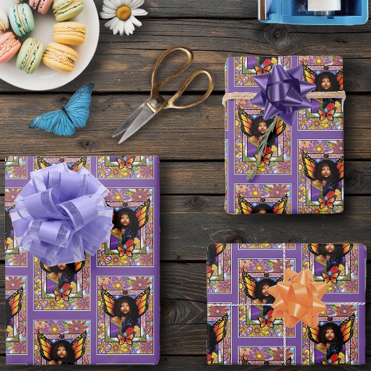 Monarch vlinder fee Paarse bloemen Inpakpapier Vel