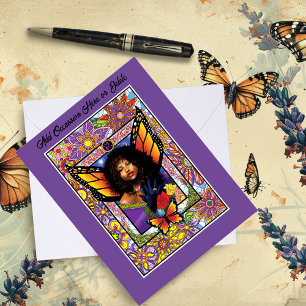Monarch vlinder fee Paarse bloemen Kaart
