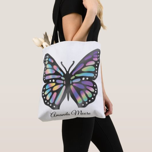 Monarch vlinder kleurrijke moderne holografie foli tote bag (Dichtbij)