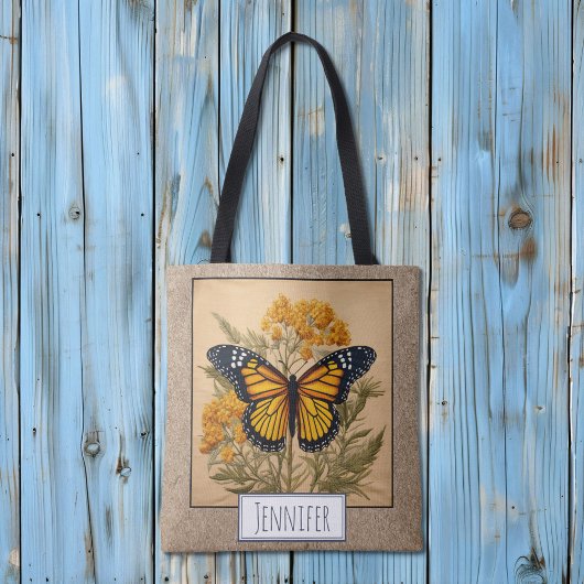 Monarch Vlinder op Goldenrod Bloemen Naam Tote Bag