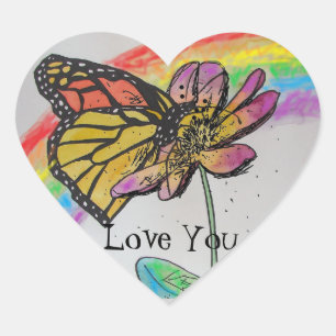 Monarch Vlinder Regenboog Bloem Liefde Schilderij Hart Sticker
