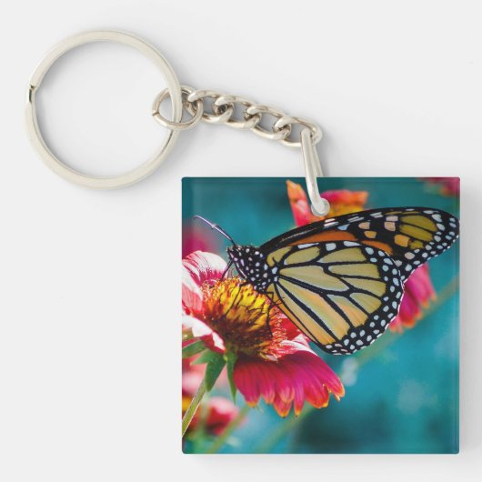 Monarch Vlinder Rode Bloem Sleutelhanger (Voorkant)