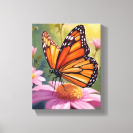 Monarch Vlinder Roze Bloem Bloemschilderij Canvas Afdruk