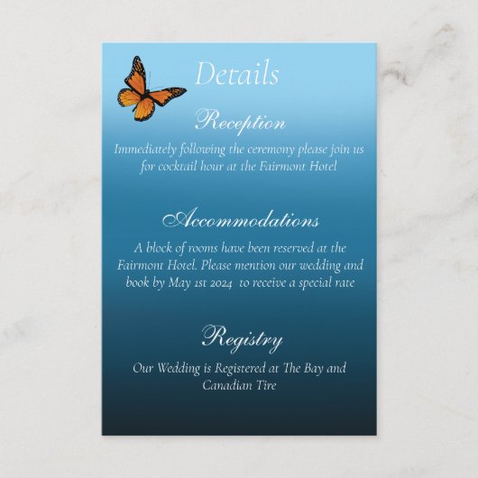 Monarch vlinders blauw ombre informatiekaartje (Voorkant)