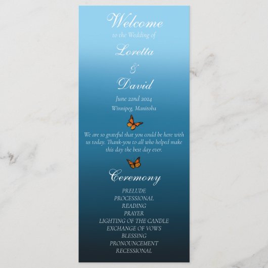 Monarch vlinders blauw ombre programmakaart (Voorkant)