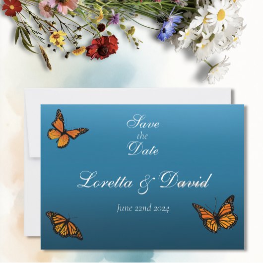 Monarch vlinders blauw ombre save the date