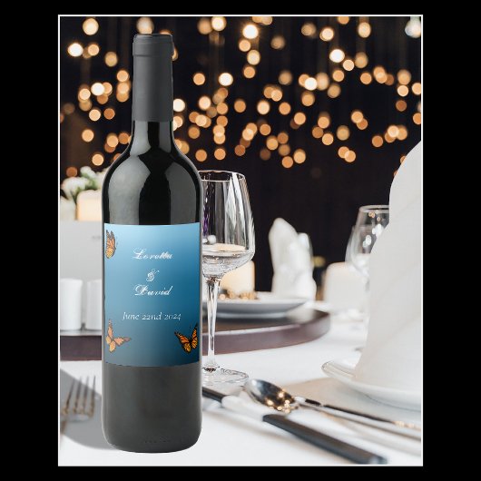 Monarch vlinders blauw ombre wijn etiket