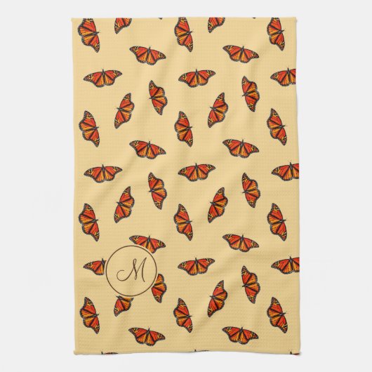 Monarch vlinders patroon bleek geel w monogram theedoek (Verticaal)
