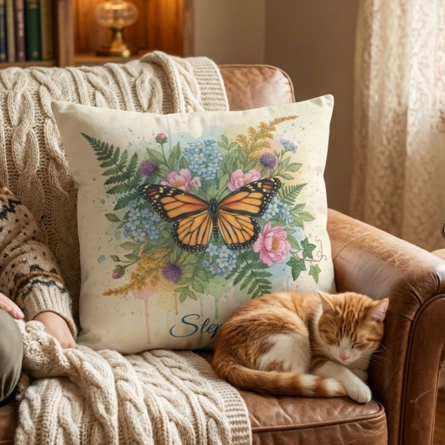 Monarchvlinder Aquarel Bloemstuk Kussen (Botanical monarch butterfly decorative pillow)