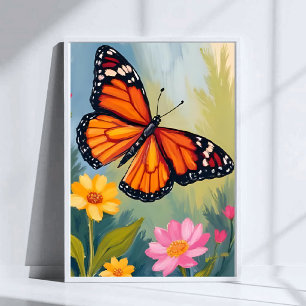 Monarchvlinder Bloem Aquarel Schilderij Poster