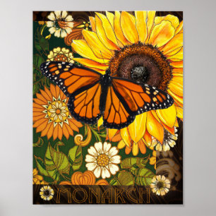  Monarchvlinder en zonnebloem Vintage collage Poster