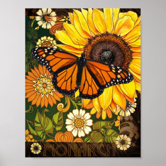 Monarchvlinder en zonnebloem Vintage collage Poster (Voorkant)