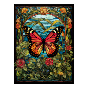 Monarchvlinder Glas-in-lood Raamontwerp Perfect Poster