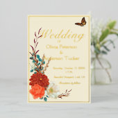 Monarchvlinder ivoor en herfst bloem bruiloft folie uitnodiging (Staand Voorkant)