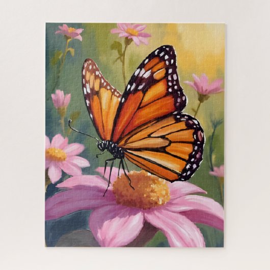 Monarchvlinder Roze Bloem Bloemschilderij Legpuzzel (Verticaal)