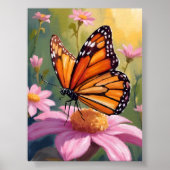 Monarchvlinder Roze Bloem Bloemschilderij Poster (Voorkant)