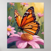 Monarchvlinder Roze Bloem Bloemschilderij Poster (Voorkant)