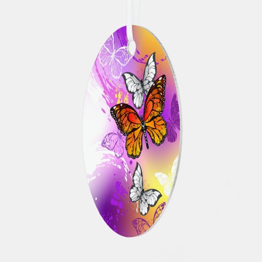 Monarchvlinders op paarse achtergrond metalen ornament (Voorkant links)