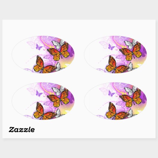 Monarchvlinders op paarse achtergrond ovale sticker (Vel)