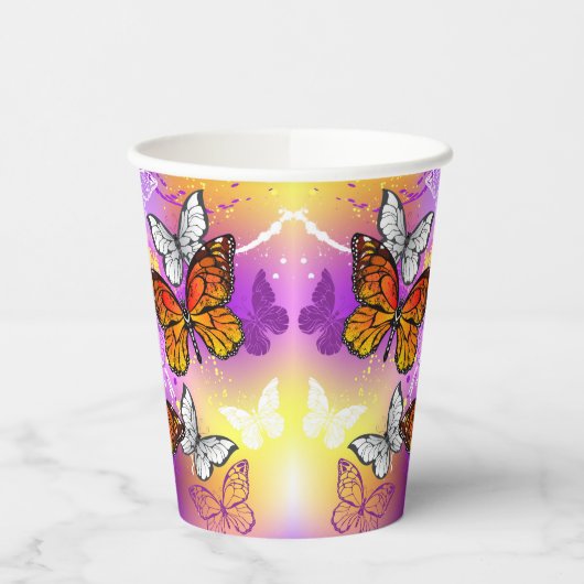 Monarchvlinders op paarse achtergrond papieren bekers (Links)