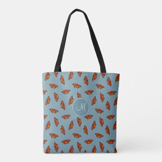 Monarchvlinders patroon op blauw monogram tote bag (Achterkant)
