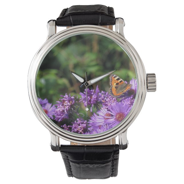 Monboogvlinder en paarse bloemen horloge (Voorkant)