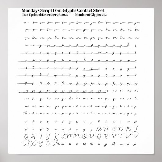 Mondays Script Lettertype Glijstekens Contactblad Poster (Voorkant)
