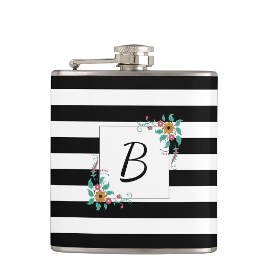 Mondern Black Stripes en Floral Monogram Heupfles (Voorkant)