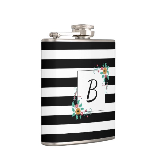 Mondern Black Stripes en Floral Monogram Heupfles (Rechts)