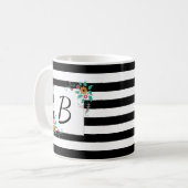 Mondern Black Stripes en Floral Monogram Koffiemok (Voorkant links)