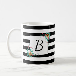 Mondern Black Stripes en Floral Monogram Koffiemok
