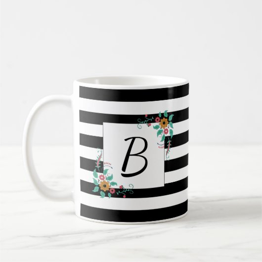 Mondern Black Stripes en Floral Monogram Koffiemok (Links)