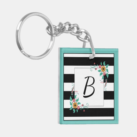 Mondern Black Stripes en Floral Monogram Sleutelhanger (Voorkant Links)
