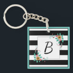Mondern Black Stripes en Floral Monogram Sleutelhanger<br><div class="desc">Monogrammed sleutelhanger met zwarte en witte strepen en verfijnde florale.</div>